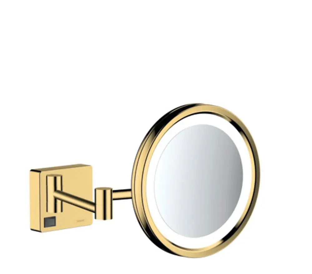 Rasierspiegel mit einer runden, beleuchteten Oberfläche, montiert an einer goldenen Wandhalterung. Das Produkt stammt von Hansgrohe.